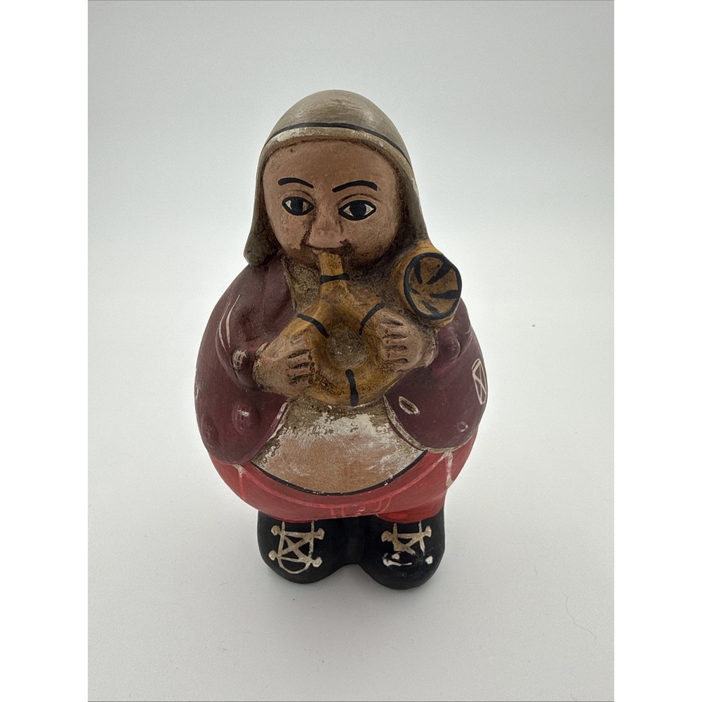 Vintage Chulucanas Peruvian Folk Art Clay Figure Playing Horned Instrument